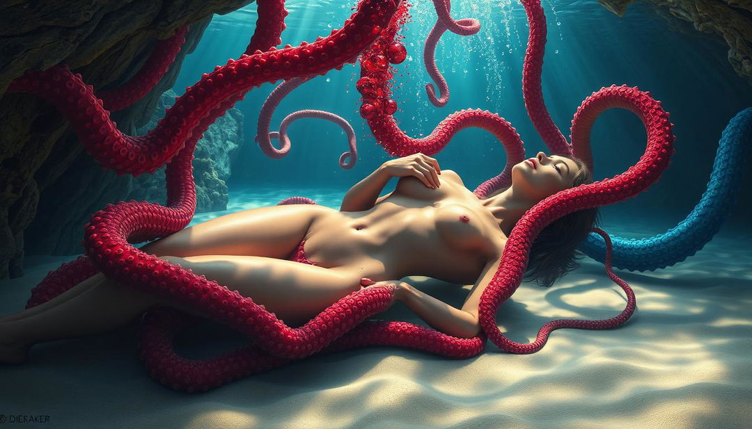 A mesmerizing and surreal artwork featuring a beautiful naked woman held captive in an enchanting underwater cave, lying on a sandy beach