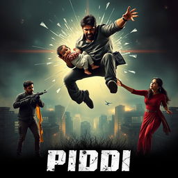 A gripping film poster for a suspense thriller titled 'PIDDI', showcasing an Indian man leaping with anger while holding a baby tightly in his arms, dramatically shattering the glass behind him