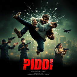 A gripping film poster for a suspense thriller titled 'PIDDI', showcasing an Indian man leaping with anger while holding a baby tightly in his arms, dramatically shattering the glass behind him