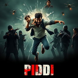 A gripping film poster for a suspense thriller titled 'PIDDI', showcasing an Indian man leaping with anger while holding a baby tightly in his arms, dramatically shattering the glass behind him