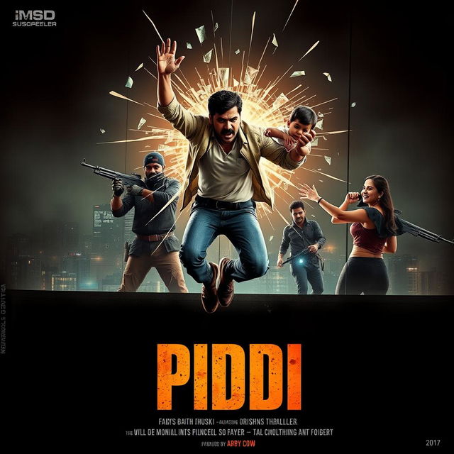 A gripping film poster for a suspense thriller titled 'PIDDI', showcasing an Indian man leaping with anger while holding a baby tightly in his arms, dramatically shattering the glass behind him