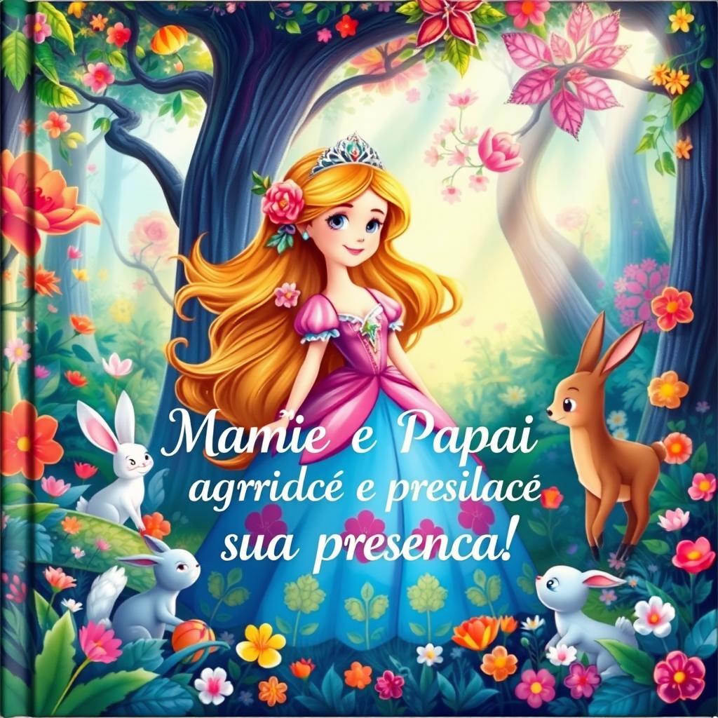 A whimsical children's book cover featuring a princess in a lush, enchanted forest