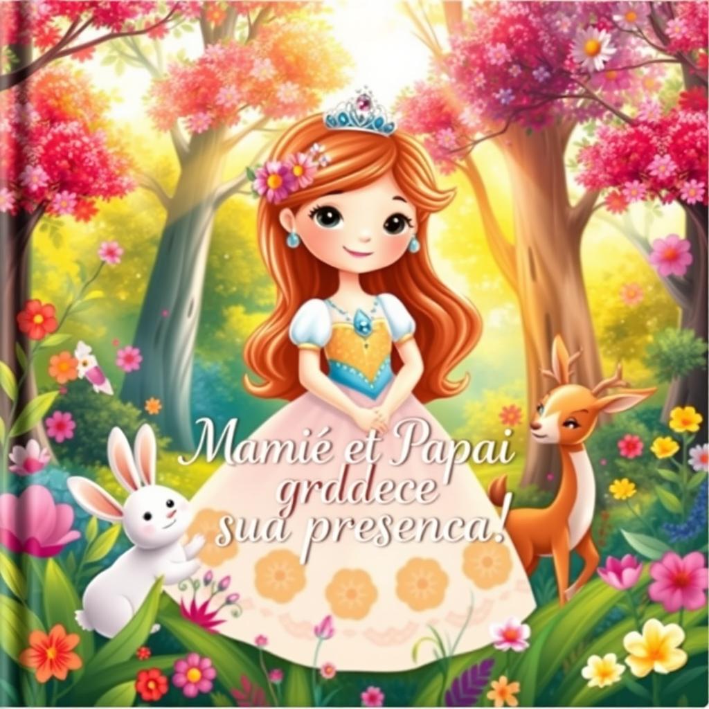 A whimsical children's book cover featuring a princess in a lush, enchanted forest