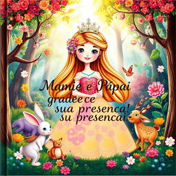 A whimsical children's book cover featuring a princess in a lush, enchanted forest