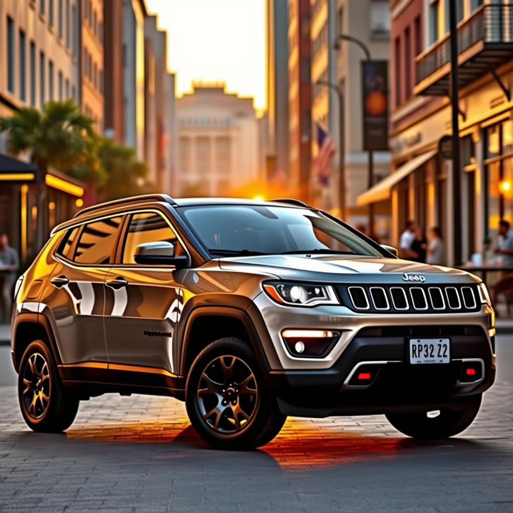 A sleek and modern 2024 Jeep Compass parked in a vibrant urban setting, showcasing its bold design features such as the iconic seven-slot grille, sharp LED headlights, and rugged yet stylish body lines