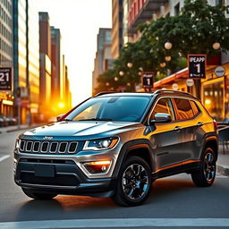 A sleek and modern 2024 Jeep Compass parked in a vibrant urban setting, showcasing its bold design features such as the iconic seven-slot grille, sharp LED headlights, and rugged yet stylish body lines