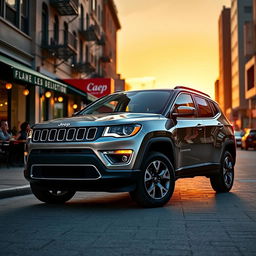 A sleek and modern 2024 Jeep Compass parked in a vibrant urban setting, showcasing its bold design features such as the iconic seven-slot grille, sharp LED headlights, and rugged yet stylish body lines