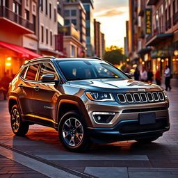 A sleek and modern 2024 Jeep Compass parked in a vibrant urban setting, showcasing its bold design features such as the iconic seven-slot grille, sharp LED headlights, and rugged yet stylish body lines