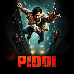 A compelling film poster for the suspense thriller 'PIDDI', depicting an Indian man leaping from a tall building, gripping a baby tightly in his arms as he shatters the glass behind him