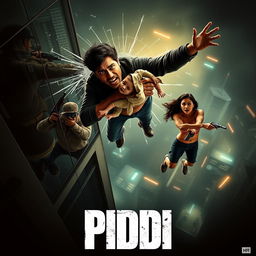 A compelling film poster for the suspense thriller 'PIDDI', depicting an Indian man leaping from a tall building, gripping a baby tightly in his arms as he shatters the glass behind him