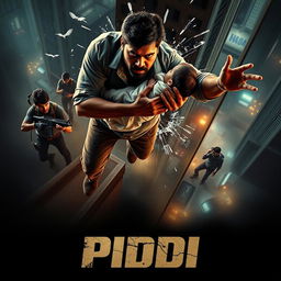 A compelling film poster for the suspense thriller 'PIDDI', depicting an Indian man leaping from a tall building, gripping a baby tightly in his arms as he shatters the glass behind him