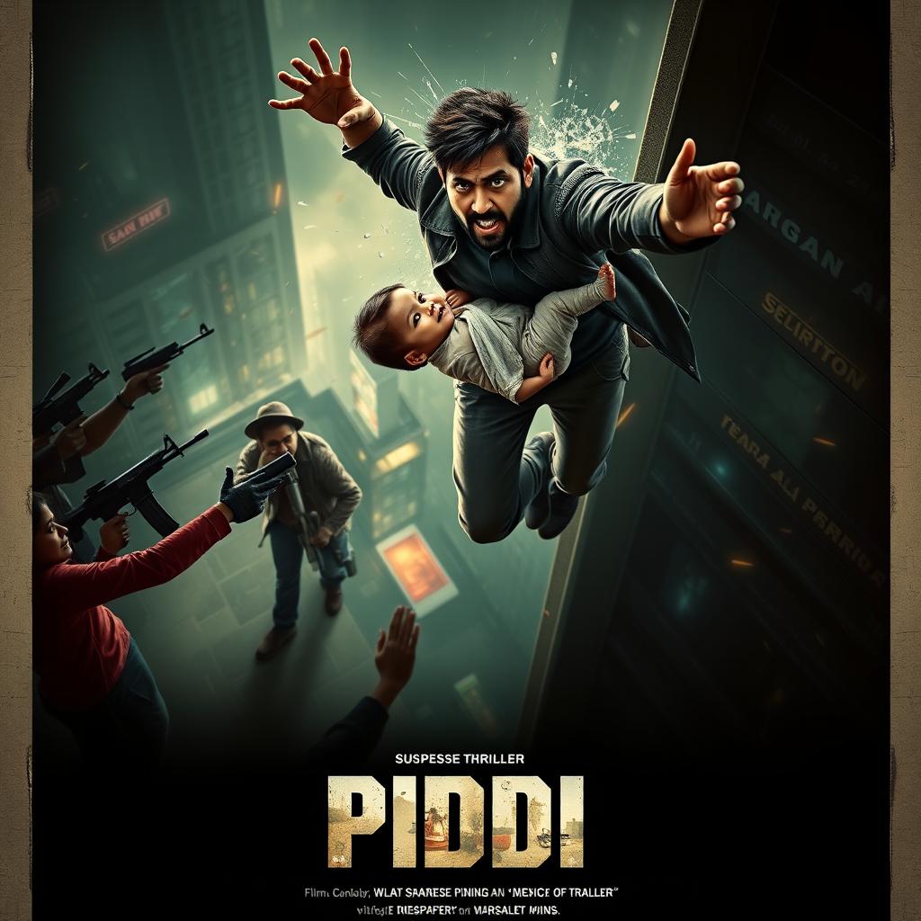 A compelling film poster for the suspense thriller 'PIDDI', depicting an Indian man leaping from a tall building, gripping a baby tightly in his arms as he shatters the glass behind him