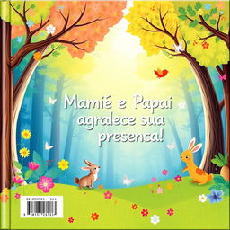A delightful back cover for a children's book, beautifully matching the enchanting theme of a princess in a forest