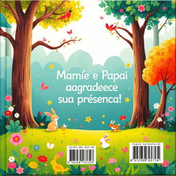 A delightful back cover for a children's book, beautifully matching the enchanting theme of a princess in a forest