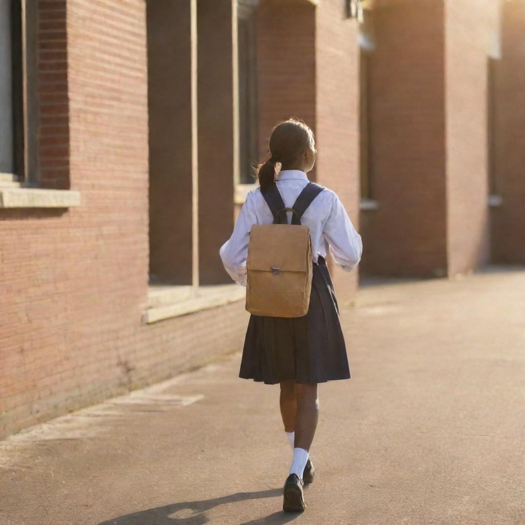 A school girl in a formal uniform, carrying a backpack filled with textbooks, walking towards a brick school building bathed in the golden light of the morning sun.