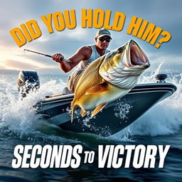 A captivating thumbnail featuring a professional angler positioned in a sleek, modern boat, fiercely reeling in a gigantic bass fish