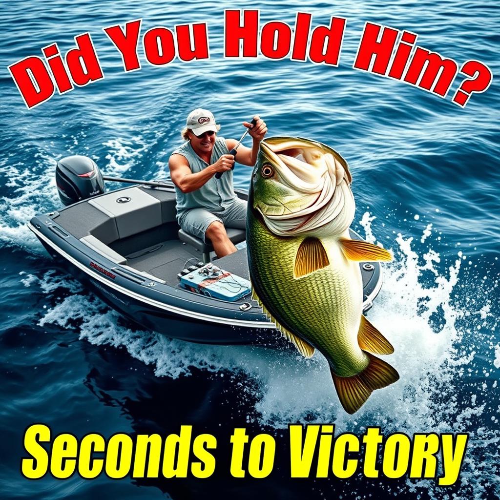 A captivating thumbnail featuring a professional angler positioned in a sleek, modern boat, fiercely reeling in a gigantic bass fish