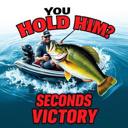 A captivating thumbnail featuring a professional angler positioned in a sleek, modern boat, fiercely reeling in a gigantic bass fish