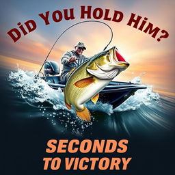 A captivating thumbnail featuring a professional angler positioned in a sleek, modern boat, fiercely reeling in a gigantic bass fish