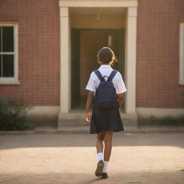 A school girl in a formal uniform, carrying a backpack filled with textbooks, walking towards a brick school building bathed in the golden light of the morning sun.