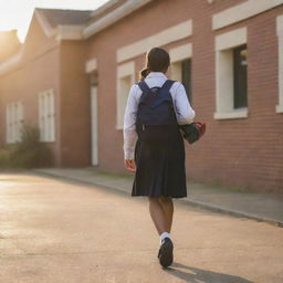 A school girl in a formal uniform, carrying a backpack filled with textbooks, walking towards a brick school building bathed in the golden light of the morning sun.