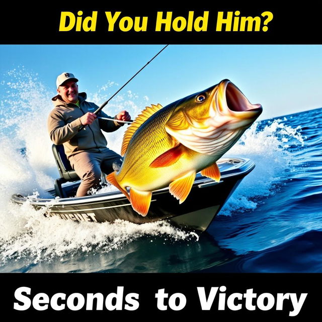 An exhilarating thumbnail featuring a professional angler standing confidently in a sleek, modern boat, intensely reeling in a massive bass fish that is energetically thrashing in the water