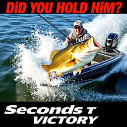 An exhilarating thumbnail featuring a professional angler standing confidently in a sleek, modern boat, intensely reeling in a massive bass fish that is energetically thrashing in the water