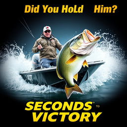 An exhilarating thumbnail featuring a professional angler standing confidently in a sleek, modern boat, intensely reeling in a massive bass fish that is energetically thrashing in the water