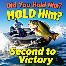 An exhilarating thumbnail featuring a professional angler standing confidently in a sleek, modern boat, intensely reeling in a massive bass fish that is energetically thrashing in the water