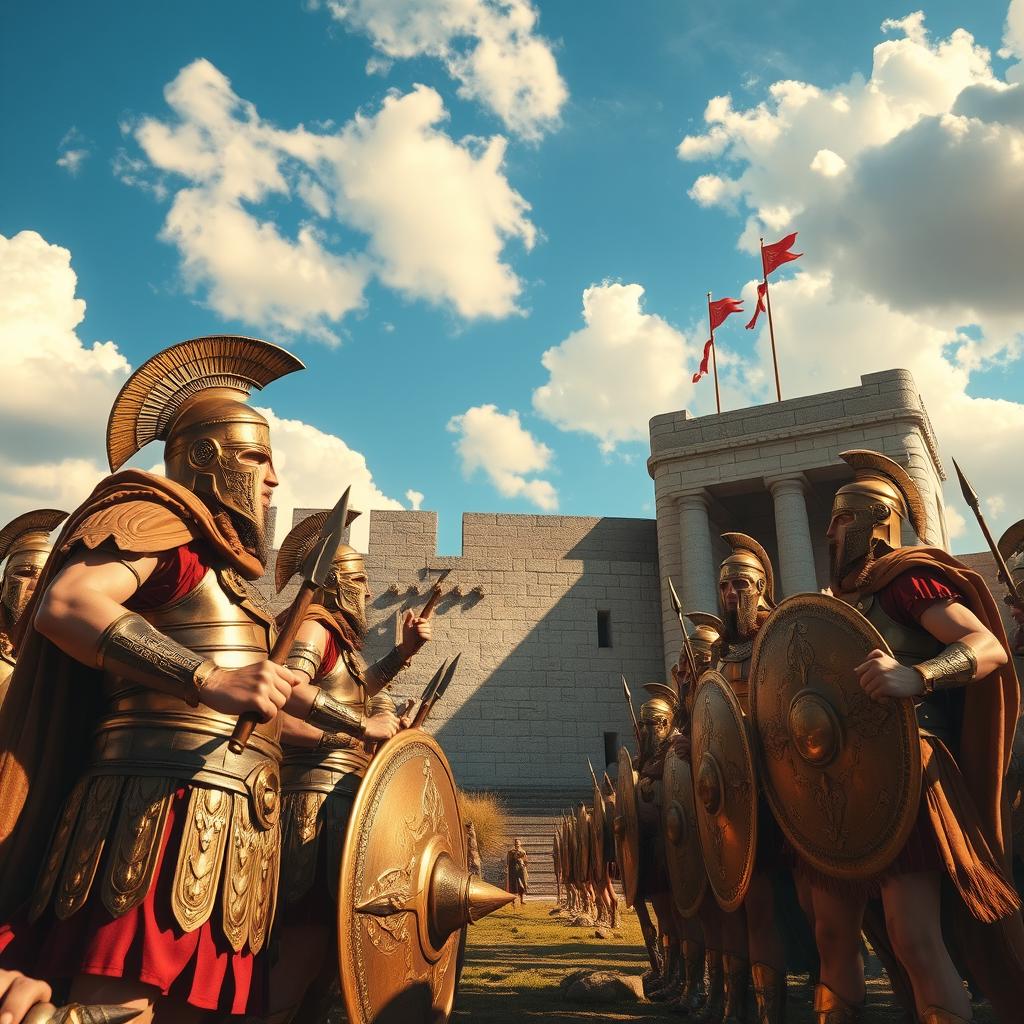 A scene depicting heroic Greek warriors standing tall and resolute before the imposing walls of Troy