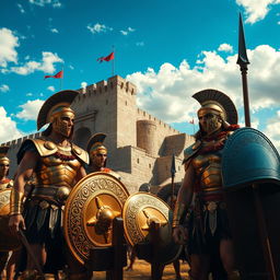 A scene depicting heroic Greek warriors standing tall and resolute before the imposing walls of Troy