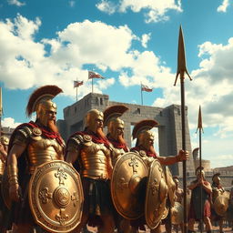 A scene depicting heroic Greek warriors standing tall and resolute before the imposing walls of Troy