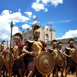 A scene depicting heroic Greek warriors standing tall and resolute before the imposing walls of Troy