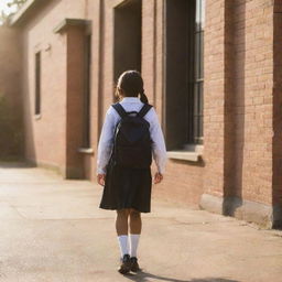 A school girl in a formal uniform, carrying a backpack filled with textbooks, walking towards a brick school building bathed in the golden light of the morning sun.