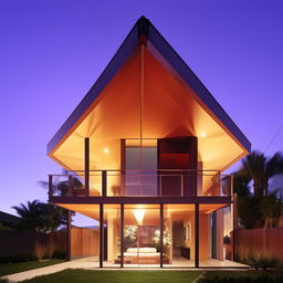 A modern two-story house with a glass roof on the second floor, shimmering under the sunlight.