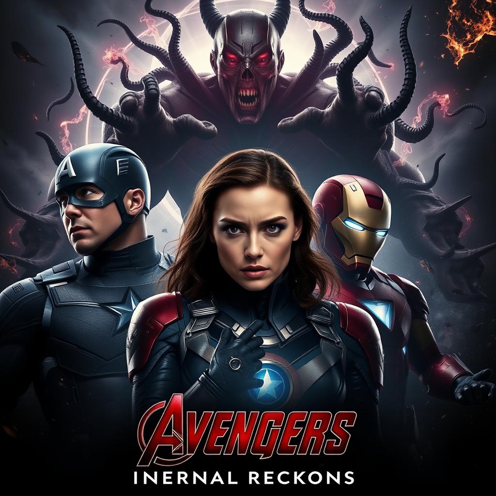 A dramatic movie poster for 'Avengers: Infernal Reckoning', featuring Captain America, Iron Man, and Scarlet Witch confronting the sinister demonic entity Mephisto amidst a chaotic, fractured reality