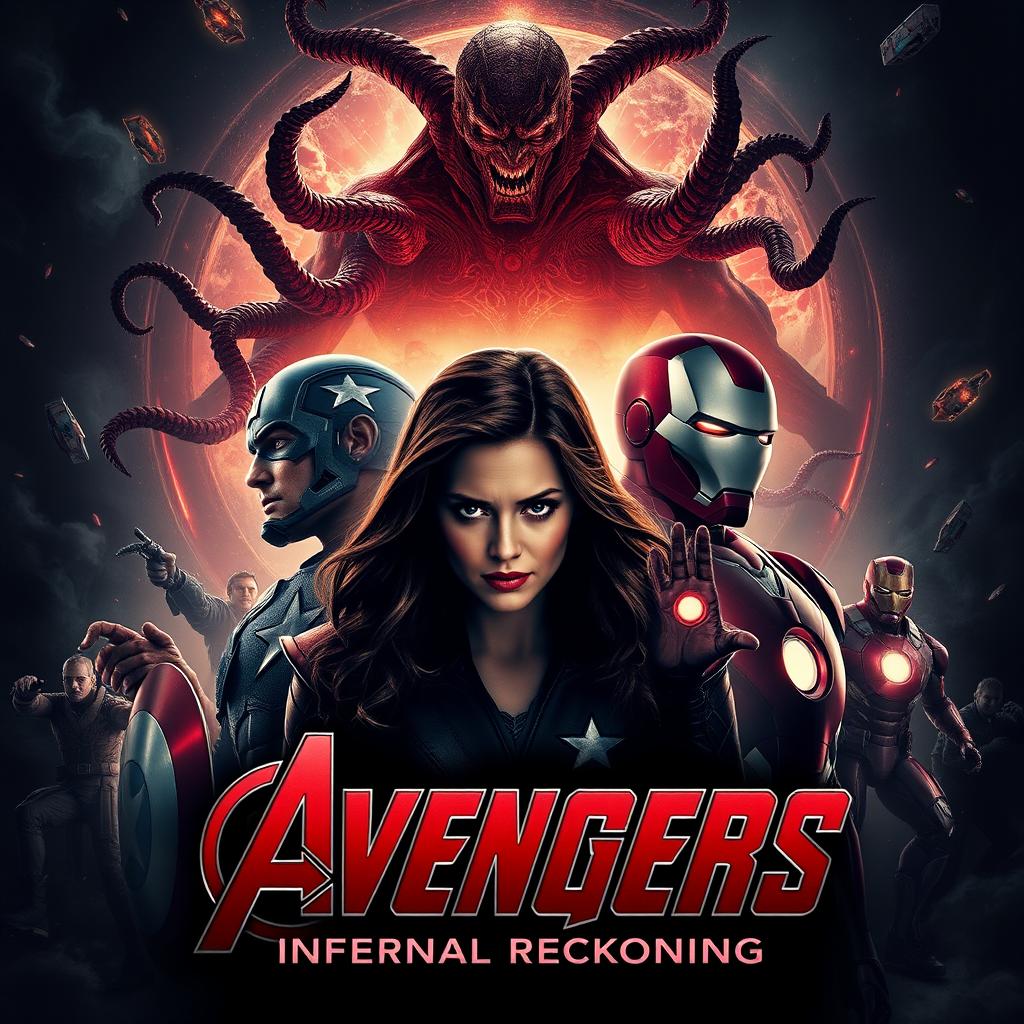 A dramatic movie poster for 'Avengers: Infernal Reckoning', featuring Captain America, Iron Man, and Scarlet Witch confronting the sinister demonic entity Mephisto amidst a chaotic, fractured reality