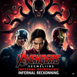 A dramatic movie poster for 'Avengers: Infernal Reckoning', featuring Captain America, Iron Man, and Scarlet Witch confronting the sinister demonic entity Mephisto amidst a chaotic, fractured reality