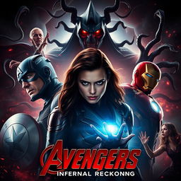 A dramatic movie poster for 'Avengers: Infernal Reckoning', featuring Captain America, Iron Man, and Scarlet Witch confronting the sinister demonic entity Mephisto amidst a chaotic, fractured reality