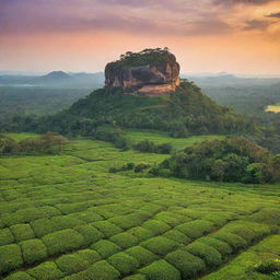 A breathtaking landscape of Sri Lanka, showcasing lush green tea fields, the prominent Sigiriya rock fortress amid the sunset, and the Indian Ocean coastline.