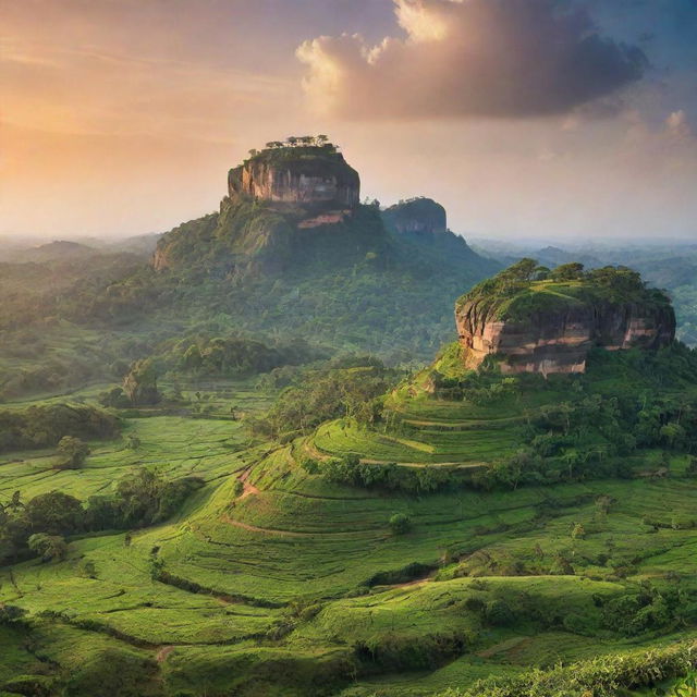 A breathtaking landscape of Sri Lanka, showcasing lush green tea fields, the prominent Sigiriya rock fortress amid the sunset, and the Indian Ocean coastline.