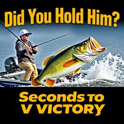 A professional young fisherman stands in a sleek, modern fishing boat, intensely reeling in a huge bass fish, showcasing dynamic movement in the water around the boat