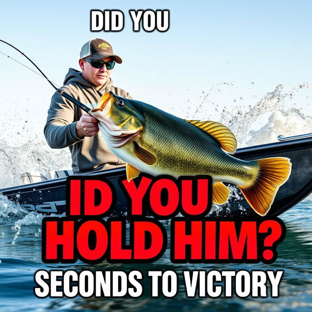 A professional young fisherman stands in a sleek, modern fishing boat, intensely reeling in a huge bass fish, showcasing dynamic movement in the water around the boat