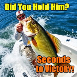 A professional young fisherman stands in a sleek, modern fishing boat, intensely reeling in a huge bass fish, showcasing dynamic movement in the water around the boat