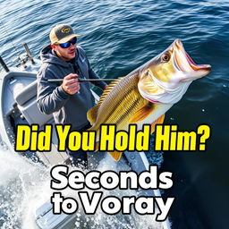 A professional young fisherman stands in a sleek, modern fishing boat, intensely reeling in a huge bass fish, showcasing dynamic movement in the water around the boat