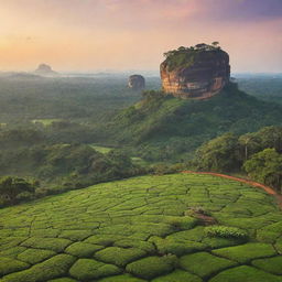 A breathtaking landscape of Sri Lanka, showcasing lush green tea fields, the prominent Sigiriya rock fortress amid the sunset, and the Indian Ocean coastline.