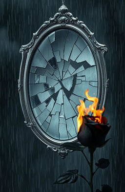 A shattered silver mirror reflecting fractured images, adorned with a black burning rose in the foreground