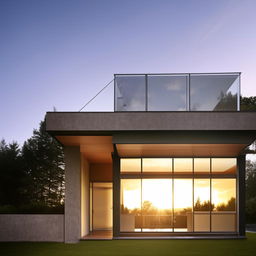 A modern two-story house with a glass roof on the second floor, shimmering under the sunlight.