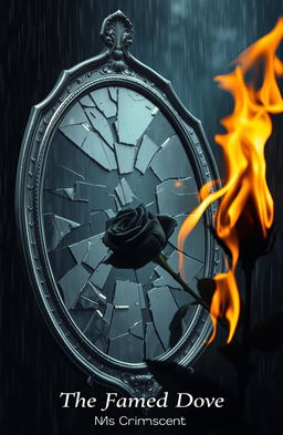 A shattered silver mirror reflecting fractured images, adorned with a black burning rose in the foreground