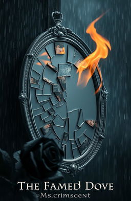 A shattered silver mirror reflecting fractured images, adorned with a black burning rose in the foreground